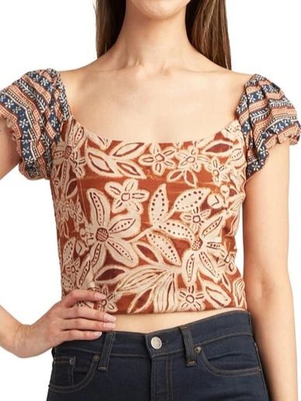BCX Brown Cropped Square Neck Puff Sleeve Floral Boho Chic Top Sz M Smocked Back